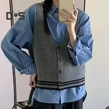 Женский жилет-слинг, облегающий топ без рукавов с V-образным вырезом и полосатым узором, однобортный вязаный свитер, повседневная одежда верблюд