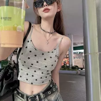 Женский жилет со звездным узором, повседневные майки для девочек, футболки Y2K, футболки для отдыха, жилет с квадратным вырезом S серый