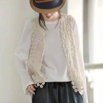 Женский жилет, стильный женский вязаный крючком кардиган без рукавов, легкий ажурный летний жилет, ретро-вязаная верхняя одежда, пальто на каждый день One Size абрикосовый