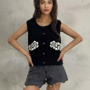 Женский жилет свитер вышитый жилет кардиган свитер L чёрный