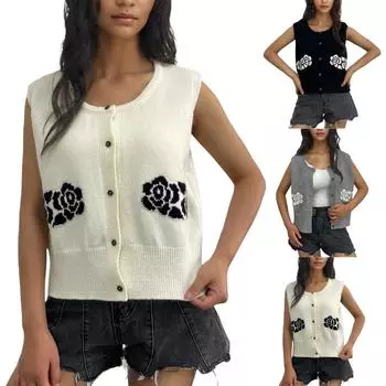 Женский жилет свитер вышитый жилет кардиган свитер L чёрный