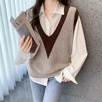 Женский жилет, трикотажный жилет с V-образным вырезом, свободный повседневный свитер без рукавов, свитер Camry Shoulder, модный, универсальный S