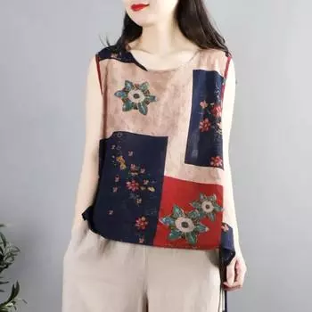 Женский жилет в этническом стиле из хлопка и льна в стиле ретро с литературным мотивом, топ без рукавов с цветочным принтом в китайском стиле на пуговицах XS