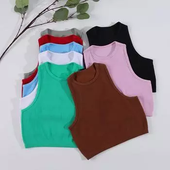 Женский жилет в рубчик, однотонный базовый укороченный топ без подушечек, бесшовные майки с круглым вырезом S чёрный