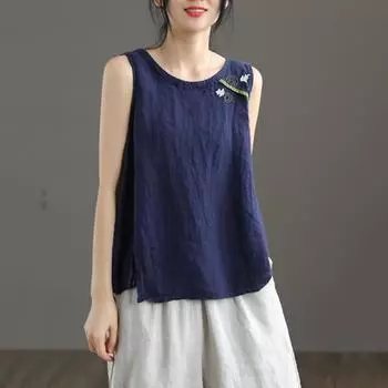 Женский жилет в стиле ретро без рукавов с боковым разрезом и круглым вырезом, летняя уличная одежда с узором вышивки M синий