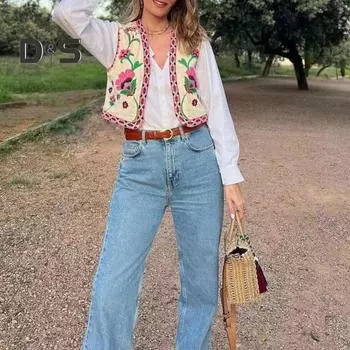 Женский жилет в стиле ретро с вышивкой и цветочным узором, куртка в этническом стиле с открытой передней частью без рукавов, короткий жилет повседневный укороченный топ для отпуска L розовый