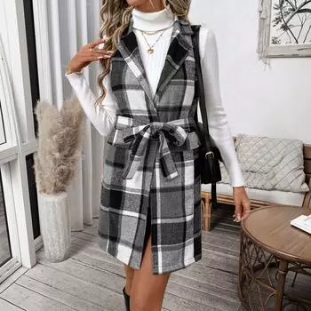 Женский жилет в стиле ретро, винтажное пальто с лацканами, клетчатый жилет для женщин, стильное пальто-жилет средней длины с отложным верхом S светло-серый