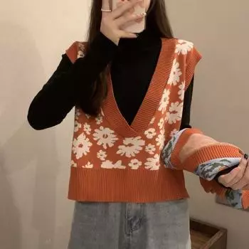 Женский жилет, вязаный свитер, весенне-осенняя верхняя одежда 2023, повседневный жилет без рукавов с v-образным вырезом в стиле ретро, цветочный темперамент, женский топ One Size синий
