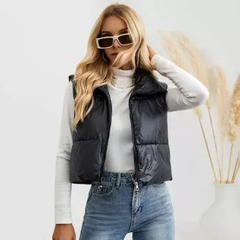 Женский жилет Yousheng с подкладкой, легкий, с воротником-стойкой, без рукавов, короткий, теплый, с завязками на шнурке, застежкой-молнией, повседневный жилет для осени и зимы M хаки