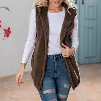 Женский жилет, зимняя теплая толстовка с капюшоном, верхняя одежда, повседневное пальто, плюшевая куртка, верхняя одежда XXL кофейный