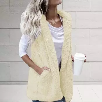 Женский жилет, зимняя теплая верхняя одежда с капюшоном, повседневное пальто, куртка на молнии из искусственной кожи L бежевый