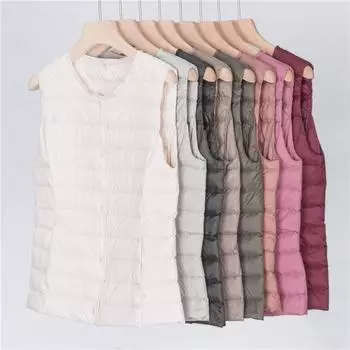 Женский зимний белый жилет на утином пуху с v-образным вырезом без рукавов, однобортный, однотонный, повседневный, теплая куртка M бежевый