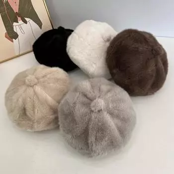 Женский зимний берет французский стиль чистый цвет сохраняет тепло повседневная одежда фотография восьмиугольная кепка чёрный