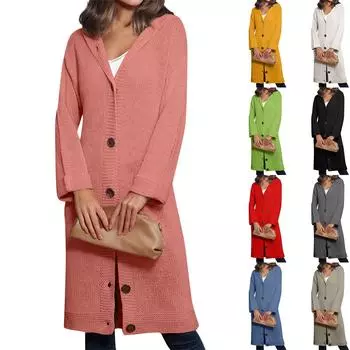 Женский зимний длинный кардиган с капюшоном, однобортный свободный свитер с длинными рукавами L бежевый