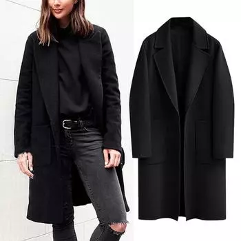 Женский зимний длинный плащ на пуговицах с лацканами, куртка, женское пальто, верхняя одежда M чёрный