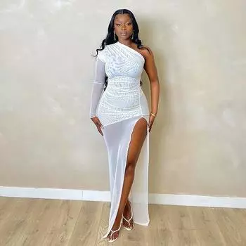 Женский зимний длинный рукав сшитый газовый пуловер с низкой талией однотонное длинное платье S белый