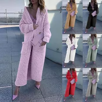 Женский зимний длинный теплый свитер с лацканами, свободный вязаный кардиган, куртка, однотонный толстый модный свитер, пальто M серый