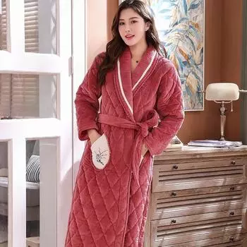 Женский зимний длинный утолщенный теплый стеганый халат большого размера фланелевый халат для беременных женский коралловый бархатный халат M
