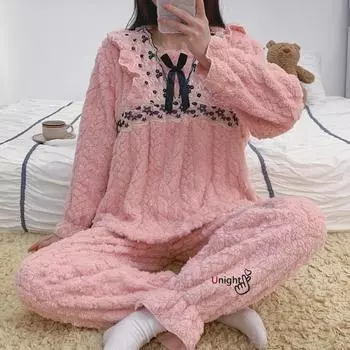 Женский зимний фланелевый пижамный комплект, утепленный пижамный комплект, очень большой размер, домашняя одежда из кораллового бархата, пижама M