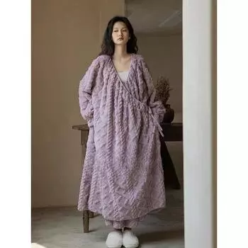 Женский зимний флисовый халат, однотонный, теплый, с длинным рукавом, женский халат-кимоно со шнуровкой, фланелевый банный халат для женщин M бежевый