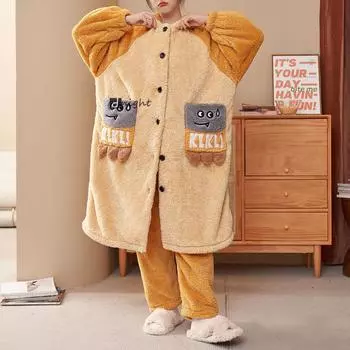 Женский зимний халат Теплый кимоно Пижама с поясом Пижамы Пижамы Фланель Большие размеры Домашняя одежда Женские пижамы L