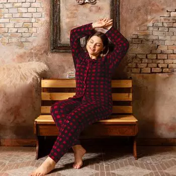 Женский зимний хлопковый пижамный комплект с рукавами и пуговицами - зимняя пижама больших размеров