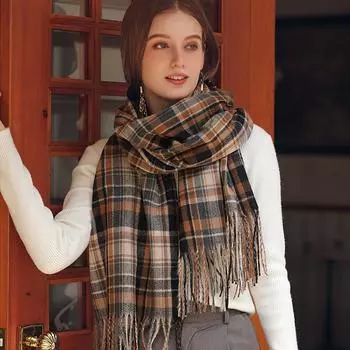 Женский зимний клетчатый кашемировый шарф с принтом бежевый