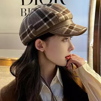 Женский зимний клетчатый шерстяной восьмиугольный берет