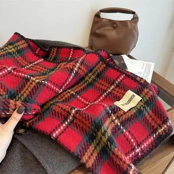 Женский зимний клетчатый винтажный шарф с кисточками из искусственного кашемира, утолщенный теплый шарф для шеи Senior Sense 180*60cm красный