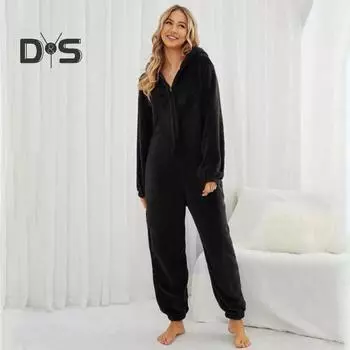 Женский зимний комбинезон, пижама, толстый плюшевый комбинезон с капюшоном, сплошной цвет, застежка-молния, цельный, с длинным рукавом, мягкий, уютный, женский домашний комбинезон с ремешком на щиколотке M чёрный