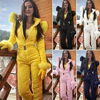 Женский зимний комбинезон с перчатками, эластичный пояс, утолщенный, мягкий, с капюшоном, застежка-молния, ветрозащитный, для активного отдыха на природе, горнолыжный костюм S белый