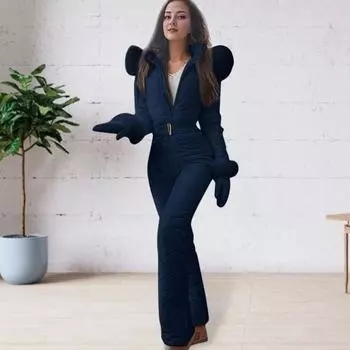 Женский зимний комбинезон с перчатками, эластичный пояс, утолщенный утепленный зимний комбинезон с капюшоном и молнией S розовый