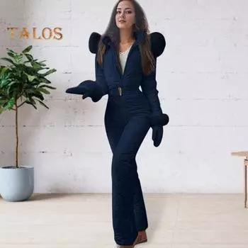 Женский зимний комбинезон с перчатками, эластичный пояс, утолщенный, мягкий, зимний комбинезон с капюшоном, застежка-молния, ветрозащитный, водонепроницаемый, для катания на лыжах и катания на льду и снегу 2XL чёрный