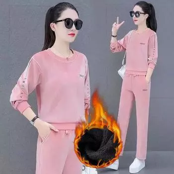 Женский зимний комплект из 2 предметов с плюшевой подкладкой, теплые топы, ансамбль с высокой талией и длиной до щиколотки, прямые брюки, наряд из плотного бархата цвета Solod 8XL красный