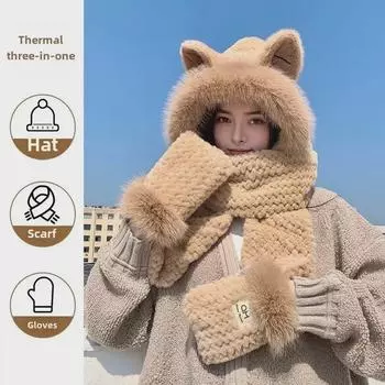 Женский зимний комплект из плюшевой шапки и шарфа с лисьими ушками - толстая, теплая защита ушей для езды на велосипеде