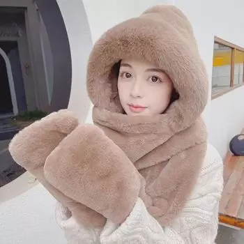 Женский зимний комплект из шапки и шарфа: Теплый, толстый плюш, устойчивый к холоду, с перчатками для велоспорта.