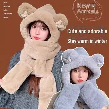 «Женский зимний комплект из шапки, шарфа и перчаток с медвежонком — стильный и теплый»