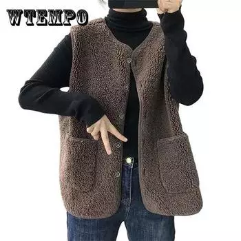 Женский зимний короткий жилет из овечьей шерсти, винтажный теплый хлопковый пиджак без рукавов, женский повседневный жилет большого размера XL бежевый