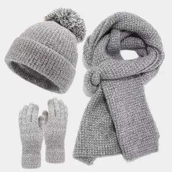 Женский зимний модный комплект из трех предметов: шапка, шарф, перчатки, защищающий от холода One Size чёрный