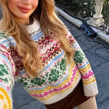 Женский зимний модный теплый жаккардовый вязаный пуловер, элегантный повседневный эластичный свитер с длинным рукавом и круглым вырезом, свободный трикотаж S