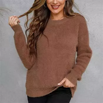 Женский зимний однотонный плюшевый пуловер с длинным рукавом, повседневная рубашка, топы S коричневый