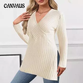 Женский зимний однотонный повседневный домашний топ с длинными рукавами и V-образным вырезом в полоску S чёрный