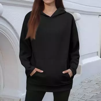 Женский зимний однотонный пуловер с капюшоном, флисовая толстовка с длинным рукавом, модная толстовка L чёрный