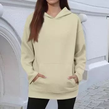Женский зимний однотонный пуловер с капюшоном, флисовая толстовка с длинным рукавом, модная толстовка S хаки