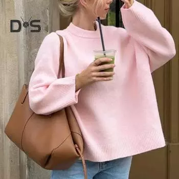 Женский зимний однотонный свитер с круглым вырезом, длинным рукавом, свободный крой, трикотажные топы, толстый теплый пуловер, джемпер в уличном стиле XL розовый