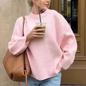 Женский зимний однотонный свитер с круглым вырезом и длинными рукавами, свободный крой, вязаные топы, толстый теплый пуловер, джемпер, уличная одежда L розовый
