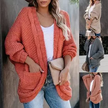 Женский зимний однотонный вязаный карманный свободный большой размер кардиган свитер пальто XL чёрный