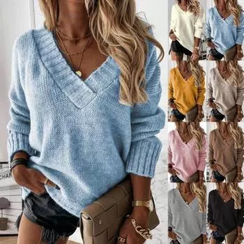 Женский зимний осенний однотонный пуловер с длинным рукавом и v-образным вырезом, свитер S розовый