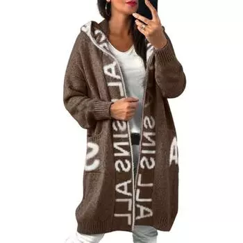 Женский зимний осенний свитер, пальто, карманы с капюшоном, буквенный узор, вязаное толстое теплое длинное пальто с длинным рукавом средней длины, свободная застежка-молния, зимнее длинное пальто S розовый
