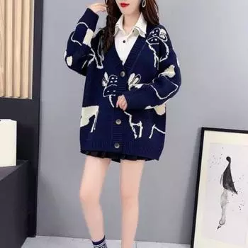 Женский зимний осенний свитер, пальто с контрастным цветным принтом, вязаный утолщенный эластичный свободный V-образный вырез, однобортный однобортный женский кардиган средней длины на пуговицах темно-синий